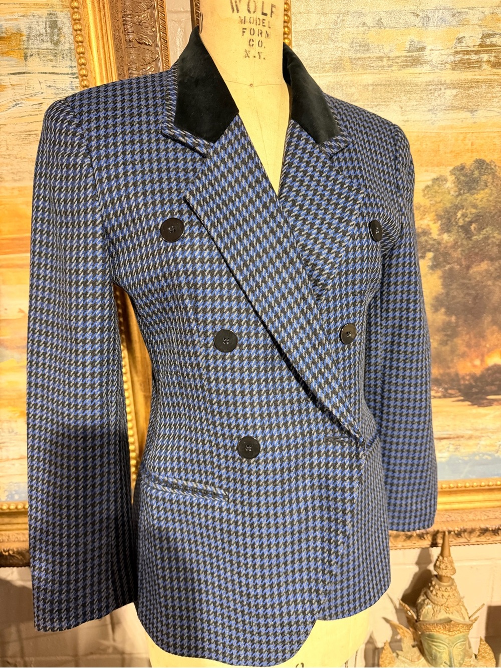 Jones New York Double-Breasted Blue & Black Houndstooth Blazer